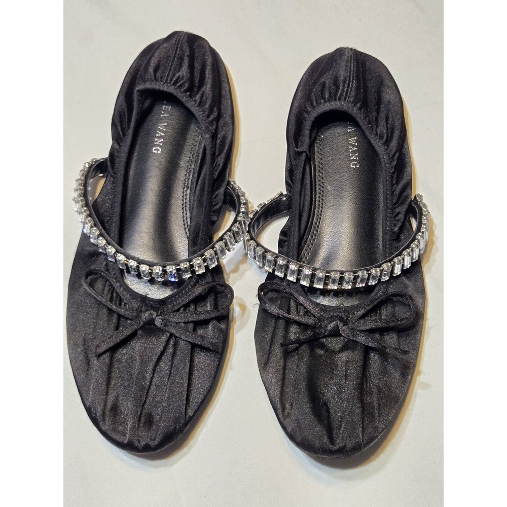 Azalea Wang Black Diamante Flats Sz 7 Satin Rhinestone Glam Bow Mary Jane *Pics*